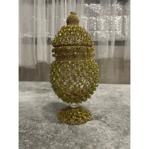 Vintage Beaded Gold Crochet Glass Apothecary Jar with Lid Chartreuse   GM2